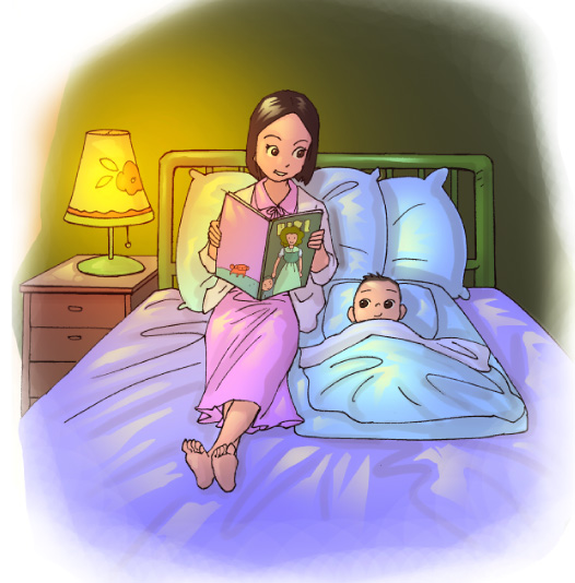 ภาพแม่เล่านิทานให้ลูกฟังก่อนนอนตั้งแต่ลูกยังเป็นทารก